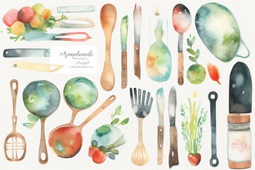 Watercolor cooking clipart featuring utensils. Generative AI - obrazy, fototapety, plakaty
