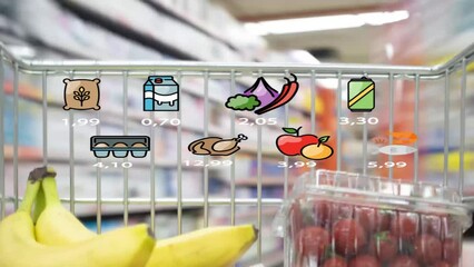 Futuristic shopping trolley in grocery store. Supermarket cart with holographic interface showing goods prices. Augmented reality. Animation. High quality 4k footage - Powered by Adobe