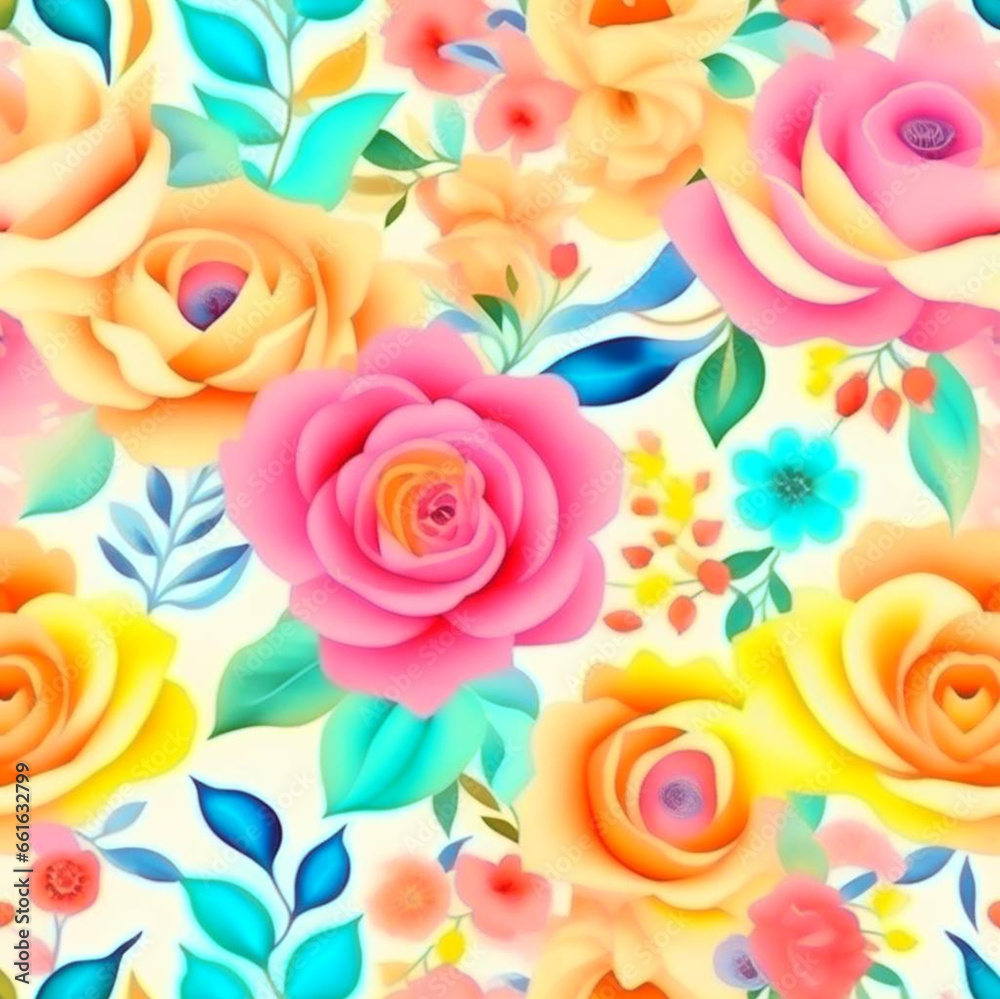 Wall mural Pink and yellow watercolor rose flowers with stems and leaves. Watercolor art background.