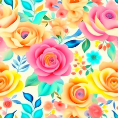 Pink and yellow watercolor rose flowers with stems and leaves. Watercolor art background.