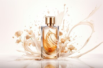 A transparent bottle of expensive women's perfume. Trendy concept of natural materials. Natural...