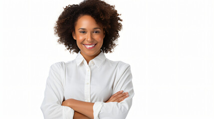 Cheerful business woman student in white button up shirt, smiling confident and cheerful with arms folded, isolated on a white background