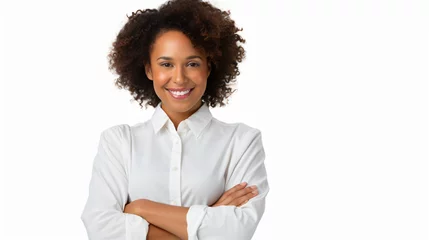 Foto auf Acrylglas Cheerful business woman student in white button up shirt, smiling confident and cheerful with arms folded, isolated on a white background © Karol