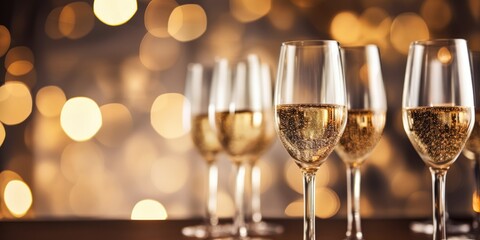 Champagne glasses on bokeh lights background. Party, new year, celebration idea