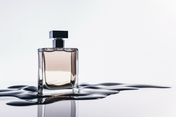 Transparent perfume bottle on a background of stone and wood. Trendy concept of natural materials. Natural cosmetic