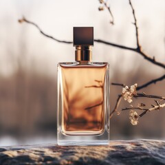 Transparent perfume bottle on a background of stone and wood. Trendy concept of natural materials. Natural cosmetic