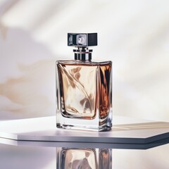 Transparent perfume bottle on a background of stone and wood. Trendy concept of natural materials. Natural cosmetic