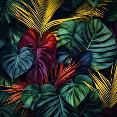 Fototapeta na wymiar Background of colorful tropical leaves - generative ai