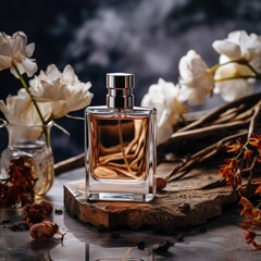 Transparent perfume bottle on a background of stone and wood. Trendy concept of natural materials. Natural cosmetic