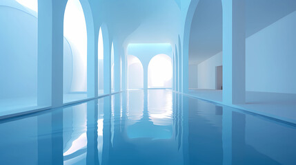 Arches of Wisdom, Blue and Water Contrast, Beautiful Architecture, Simple, Minimalistic. - AI Generated