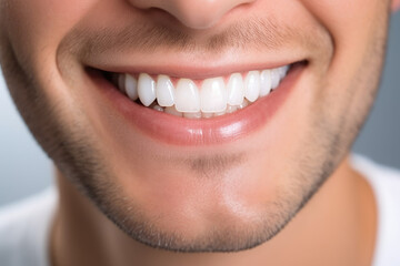 Young man with perfect healthy white teeth smile. Health, teeth whitening, dental care, dentistry, stomatology concept