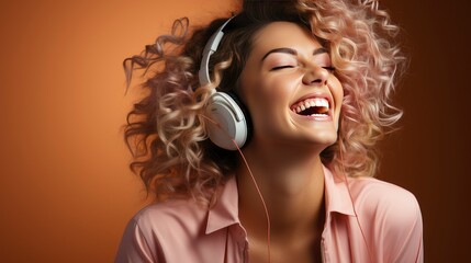 Photo of lady listen music look empty space open mouth wear earphones.