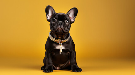 Adorable Little Frenchie Dog With Collar Looking Forward And Sitting - obrazy, fototapety, plakaty