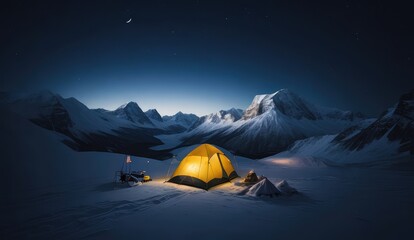 A glowing yellow camping tent set up on snow in an alpine landscape at night.