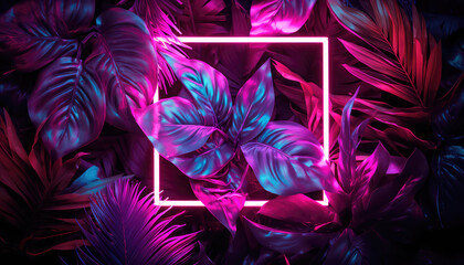 Creative fluorescent color layout made of tropical leaves with neon light square. Generative AI - obrazy, fototapety, plakaty