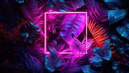 Creative fluorescent color layout made of tropical leaves with neon light square. Generative AI
