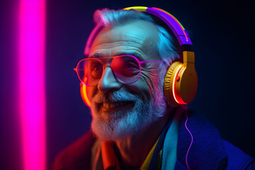 Joyful Elderly Man Wearing Headphones and Listening to Music