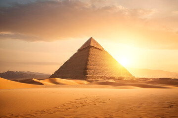 The majestic Pyramid in the desert with the golden light.