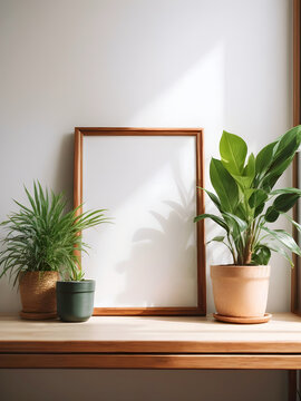A blank picture frame with indoor plants on the wooden table.