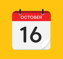 October 16. Calendar icon on yellow background. Flat style. Vector illustration.