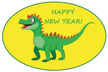 Vector green cartoon dragon. The symbol of 2024 new year.  A raptor baby dinosaur
isolated on a yellow background.
Children's drawing for fabric, clothing, paper.