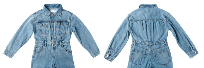 children's fashionable light blue denim overalls, jumpsuit isolated on a white background close-up front back view