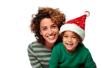 Portrait of Latin woman and her son excited waiting for Christmas. White isolated transparent background - obrazy, fototapety, plakaty