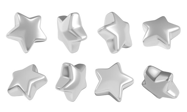Silver star in different angles 3d illustration set