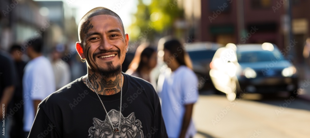 Sticker Man with neck and face tattoos smiling happy face portrait on street