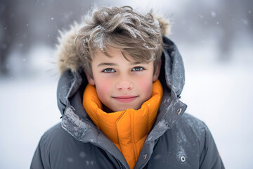 Front view boy wearing winter jacket while enjoying snowy winter day