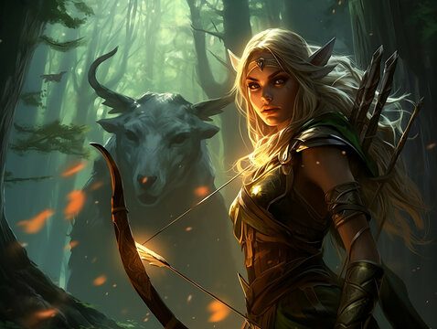 Elf Woman Warrior and Majestic Stag in Dense Forest - Perfect for Fantasy-Themed Projects, Role-Playing Game Artworks, and Book Covers