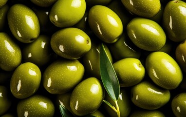 Background of green olives close-up. raw materials for the production of olive oil. Greek olives. - Powered by Adobe