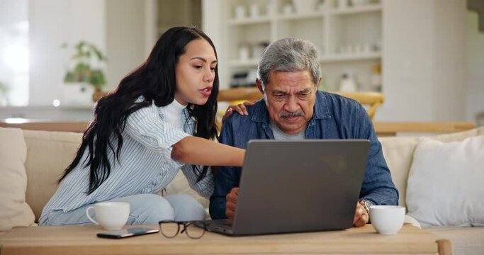 Family, senior man and frustrated with laptop glitch, error or mistake for typing, learning or notification. Father, daughter and computer for teaching, software and click for email on sofa in home