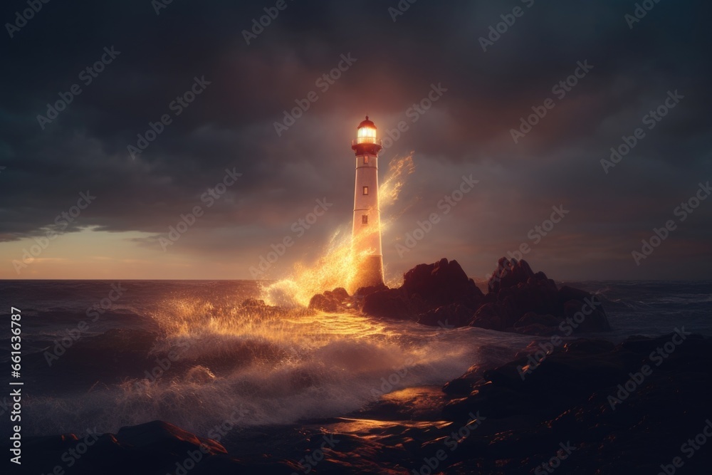 Poster A stunning image of a lighthouse standing tall on a rocky shore, with powerful waves crashing in front of it. Perfect for depicting the strength and beauty of nature's elements. 