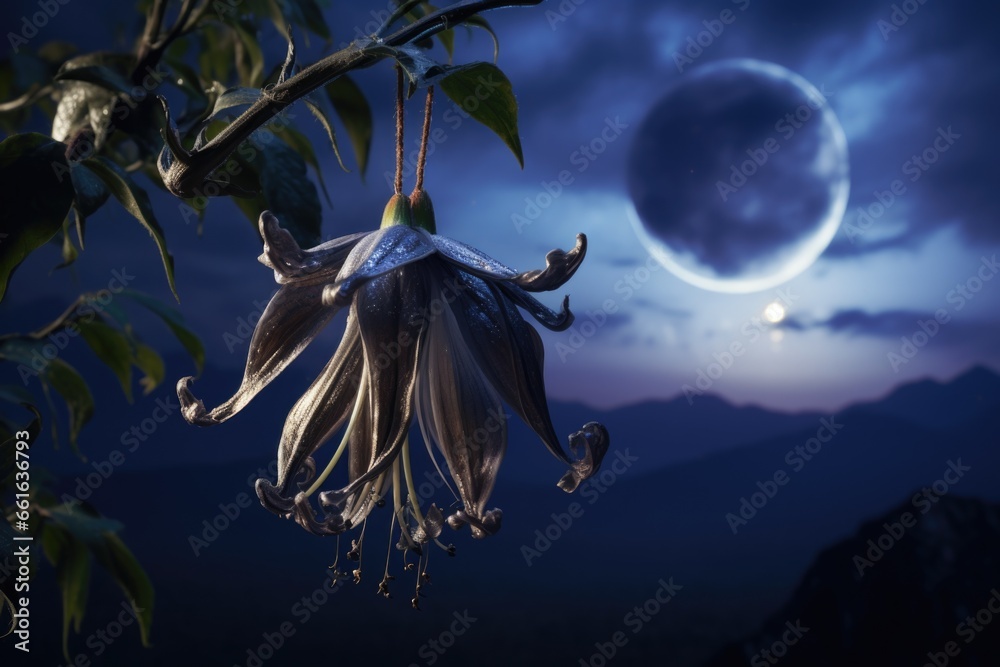 Aufkleber A beautiful flower hanging from a tree with a full moon in the background. This image can be used to create a serene and mystical atmosphere.