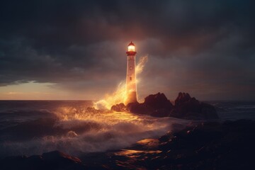 A stunning image of a lighthouse standing tall on a rocky shore, with powerful waves crashing in front of it. Perfect for depicting the strength and beauty of nature's elements. 