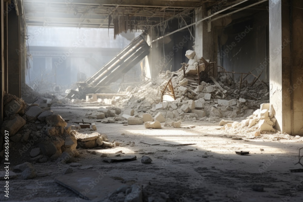 Poster A photograph showing a large pile of rubble inside a building. This image can be used to depict destruction, renovation, or construction projects.