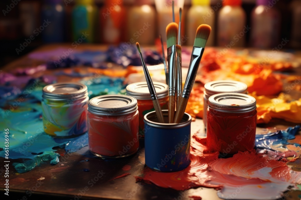 Poster A close-up view of paint and brushes on a table. This versatile image can be used for various artistic and creative projects