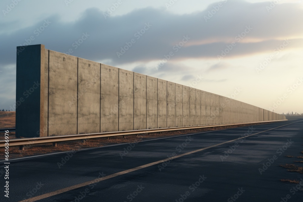 Aufkleber A picture of a large concrete wall running alongside a highway. This image can be used to depict urban infrastructure or as a background for transportation-related designs