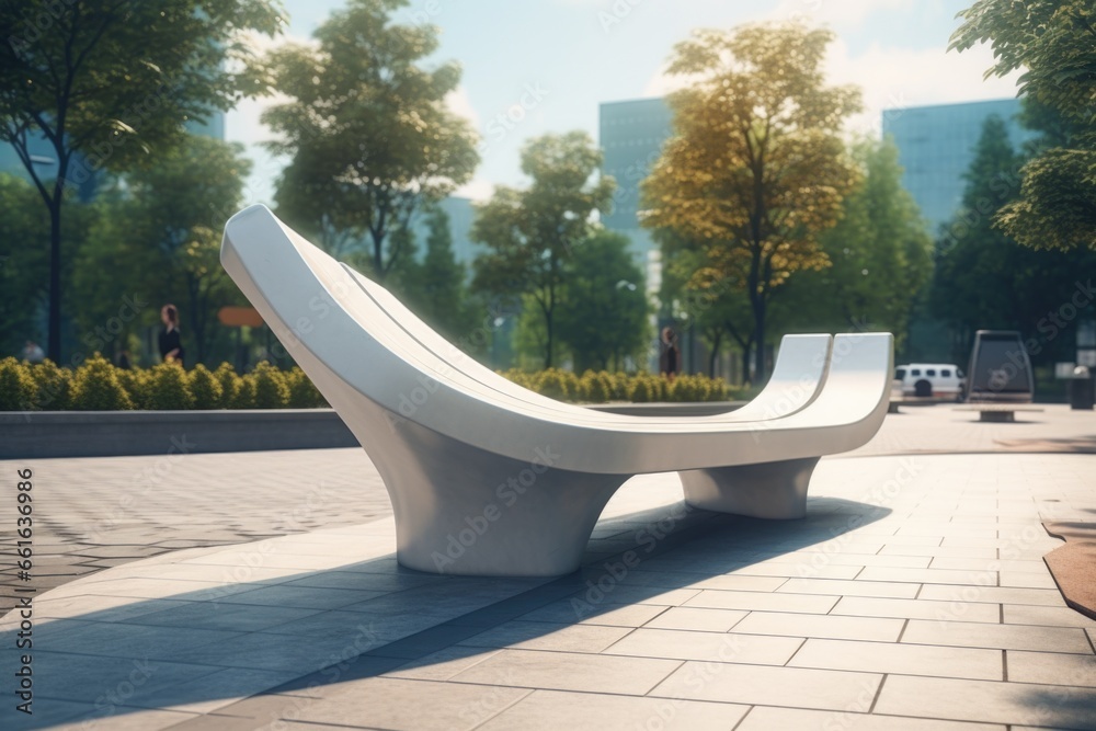 Poster a white bench sitting on top of a sidewalk. can be used to depict a peaceful urban setting or a plac