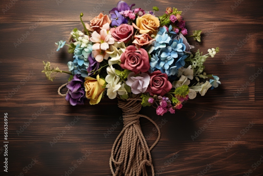 Poster A beautiful bouquet of flowers tied together with a string. This picture can be used to add a touch of elegance to any project or to symbolize love and affection