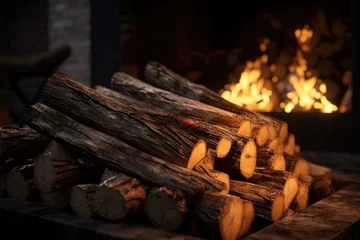 Fotobehang A pile of wood sitting in front of a fire. This image can be used to depict warmth, coziness, and the beauty of a crackling fire. © Fotograf