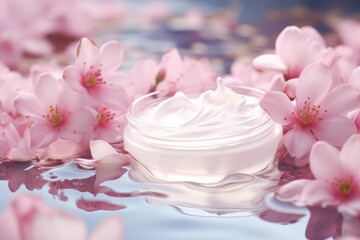Fototapeta na wymiar A jar of cream surrounded by beautiful pink flowers. This image can be used in skincare advertisements or as a background for beauty blogs and websites.