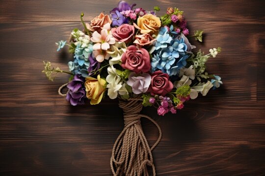 A beautiful bouquet of flowers tied together with a string. This picture can be used to add a touch of elegance to any project or to symbolize love and affection