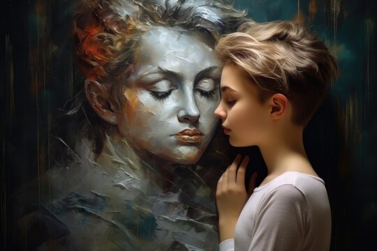 A woman standing next to a painting of a woman. Suitable for art galleries, interior design blogs, or articles on female empowerment