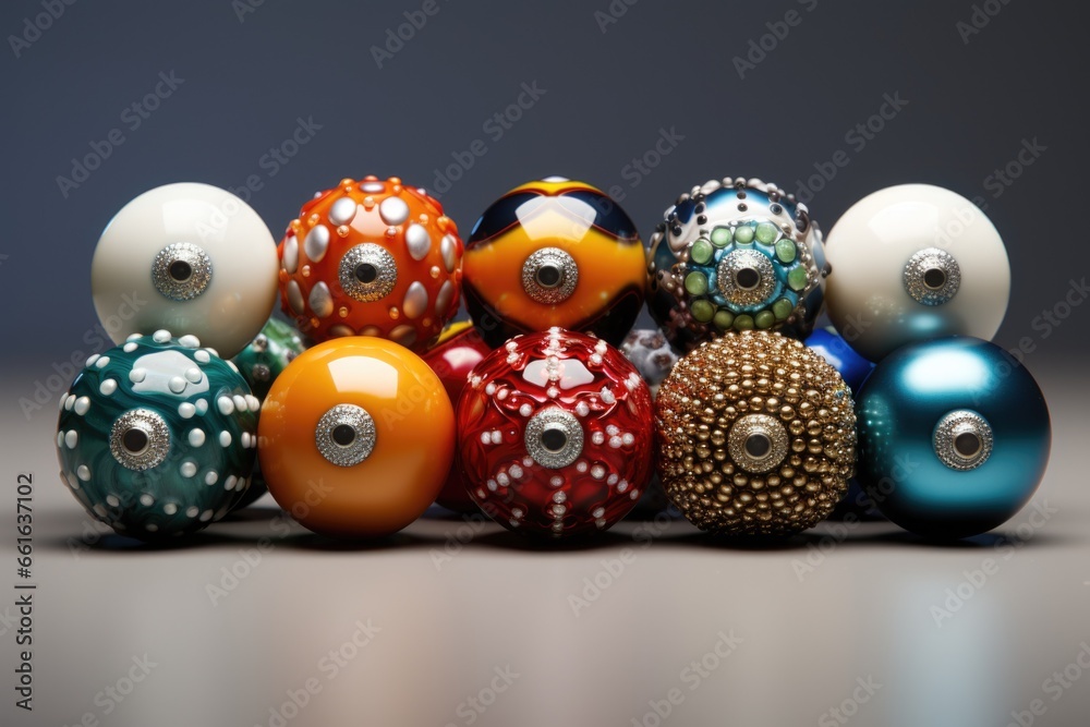 Aufkleber A group of colorful balls sitting on top of a table. Perfect for adding a vibrant touch to any project or design
