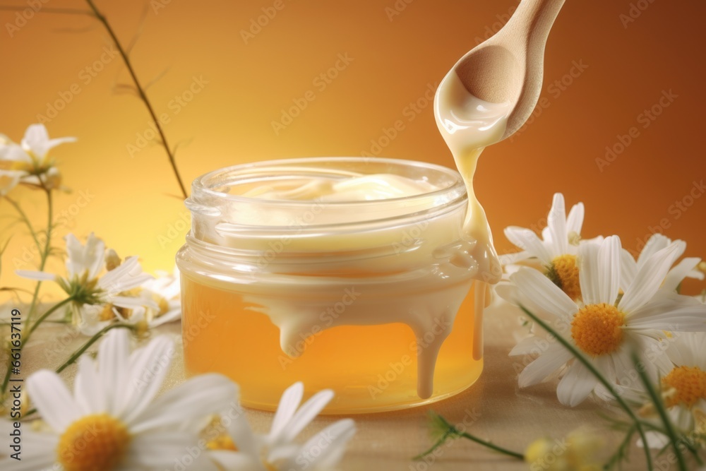 Poster A jar of honey with a spoon sticking out of it. Perfect for adding a touch of sweetness to any recipe or enjoying a delicious treat.