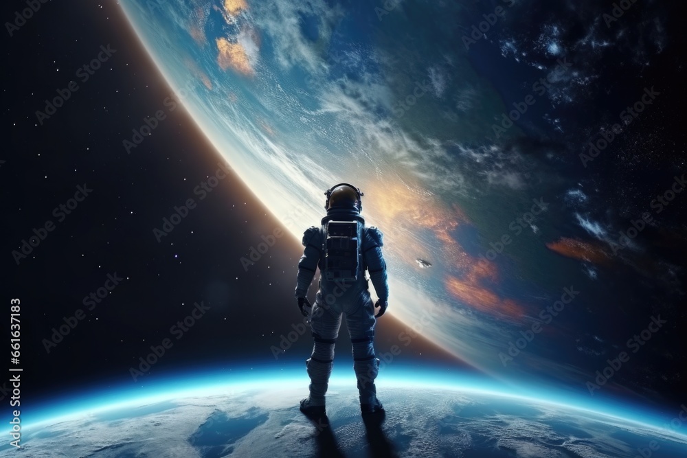 Poster a man in a space suit standing in front of a planet.