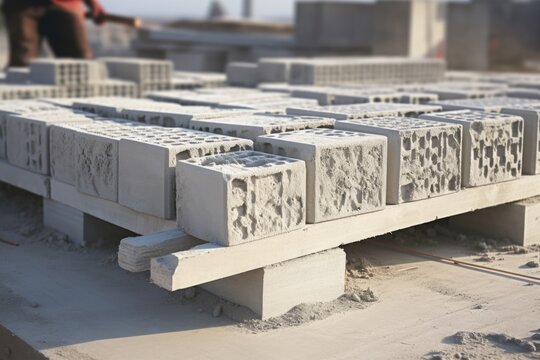 A pile of cement blocks sitting on top of a cement slab. This versatile image can be used to represent construction, building materials, or a construction site