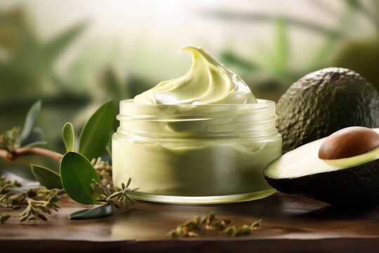 A picture of an avocado and a jar of cream placed on a table. This image can be used in various contexts such as food, healthy eating, skincare, beauty, and natural products